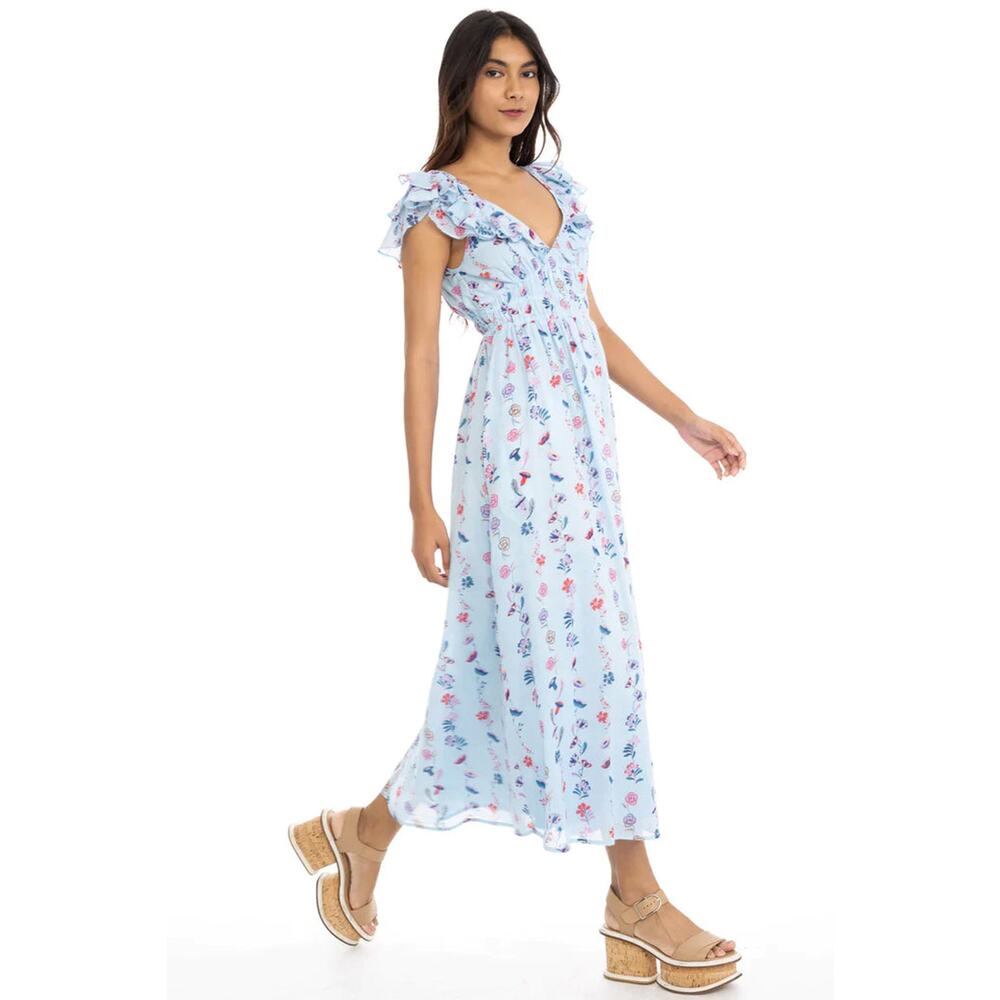 Banjanan Maya Dress Floral Misty Blue V-neck Midi Ruffle Cotton Sz XL - Picture 3 of 13